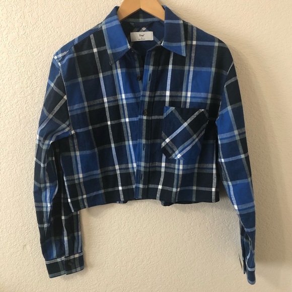 Aritizia Tna Plaid Cropped Flannel Button Up Black, Blue & White - Size Small - Picture 1 of 6